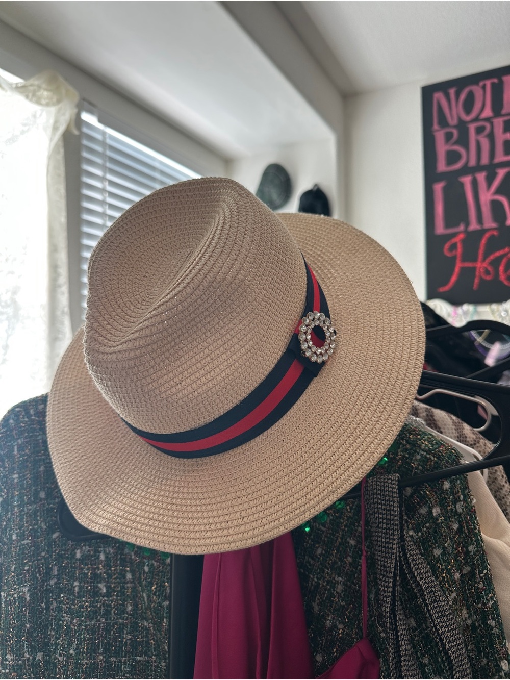 Aldo Beige Straw Fedora with Navy and Red Band and Rhinestone Buckle